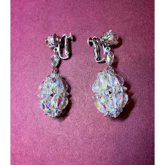 Vintage VENDOME AB Crystal Bead Dangle Earrings Signed Clip On Mcm Mid Century - Picture 4 of 8